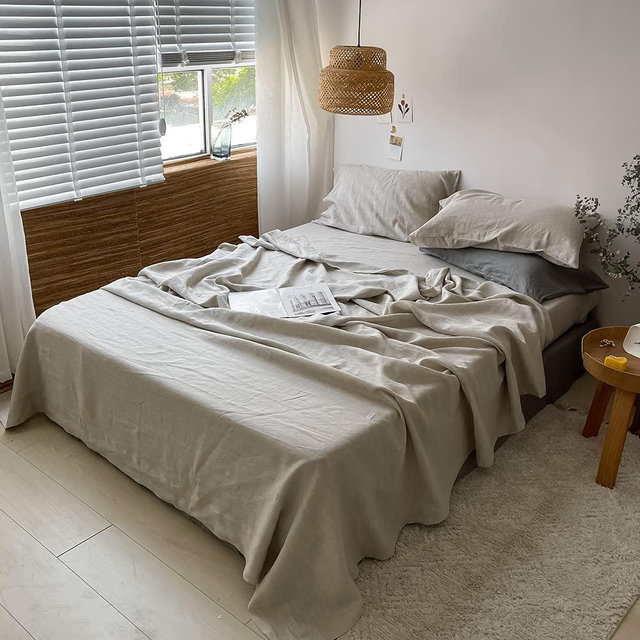 Simple&Opulence Washed Linen Bed Sheet Set Basic Style 4 Pieces (1 Flat Sheet & 1 Fitted Sheet & 2 Pillowcases) 100% Natural French Flax Soft Breathable Farmhouse Bedding (King, Linen)