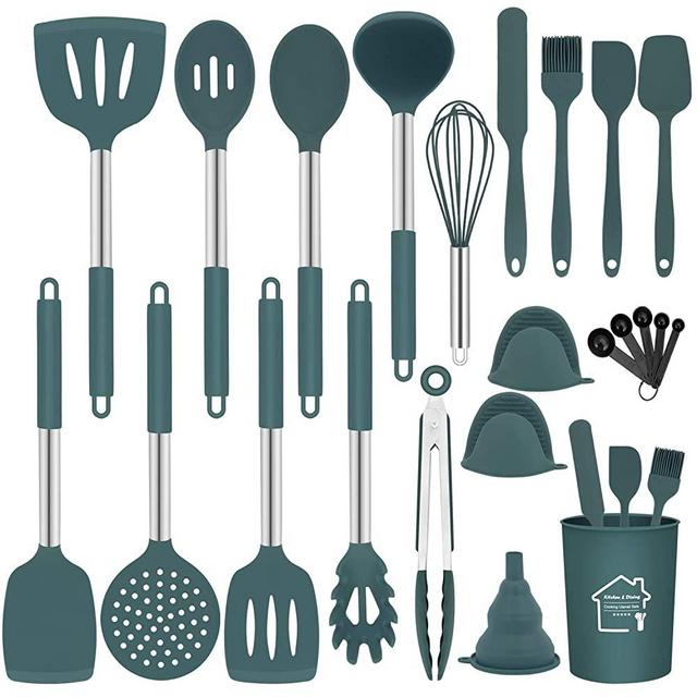 Silicone Kitchen Cooking Utensils Set with Holder,23 Pcs Heat Resistant Kitchen Utensil Set,BPA Free Kitchen Utensils Spatula Set,Nonstick Cookware with Stainless Steel Handle - Green(Dishwasher Safe)