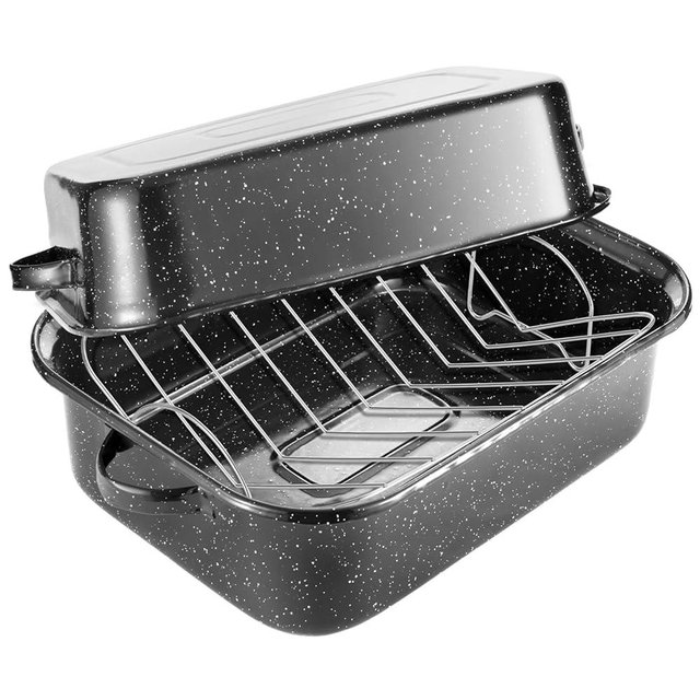QPMR Roasting Pan with Rack, 21” Rectangular Granite Roaster Pan, 25lb Capacity, Large Roaster Pot for Baking Turkey with Versatile Lid