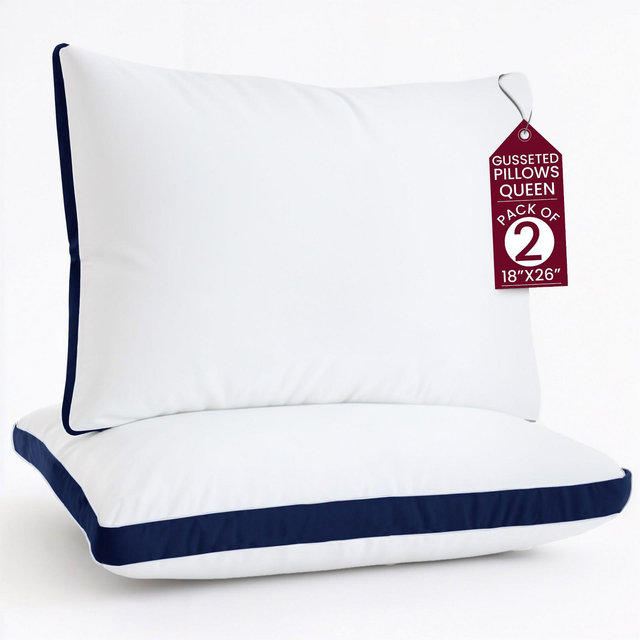 Lux Decor 2-Pack Gusseted Pillows for Stomach, Neck & Back Support Soft Microfiber Hotel Quality Bed Pillows - Queen , Navy Blue