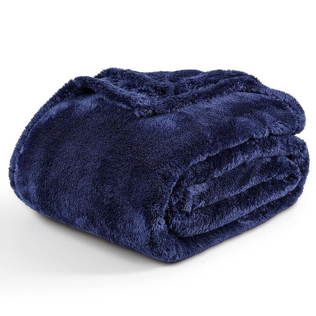 Berkshire Blanket Classic Extra-Fluffy™ Plush Blanket, Queen Size Bed Blanket, Soft Fuzzy Fluffy Long Hair Blanket for Couch Sofa Bed, Atlantis Dark Blue, 90x90 Inches
