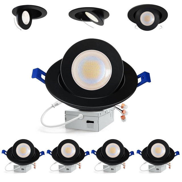 Adetu 6 inch 5CCT Gimbal Black Led Recessed Lights, 360°+90° Adjustable Directional Recessed Lighting, 2700K/3000K/3500K/4000K/5000K Dimmable Eyeball Canless Downlight with Jbox, ETL(Black, 4 Pack)