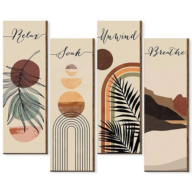Relax Soak Unwind Breathe Sign Decors Bathroom Wall Arts Abstract Boho Bathroom Wooden Wall Painting Mid Century Minimalist Botanical Rustic Bathroom Wooden Wall Plaque for Home Bathroom Washroom