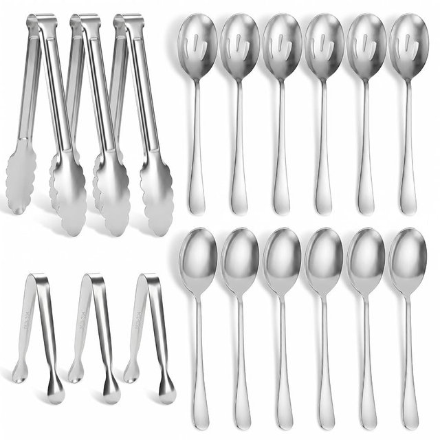 18pcs Silver Serving Utensils Set,Serving Spoons for Buffet, Serving Tongs for Food, Large Slotted Spoons, Metal Buffet Banquet Cutlery for Parties Weeding Birthday Entertaining Catering