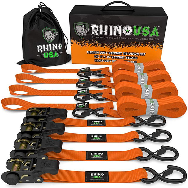 RHINO USA Ratchet Tie Down Straps (4PK) - 1,823lb Guaranteed Max Break Strength, Includes (4) Premium 1" x 15' Rachet Tie Downs with Padded Handles. Best for Moving, Securing Cargo (Orange 4-Pack)