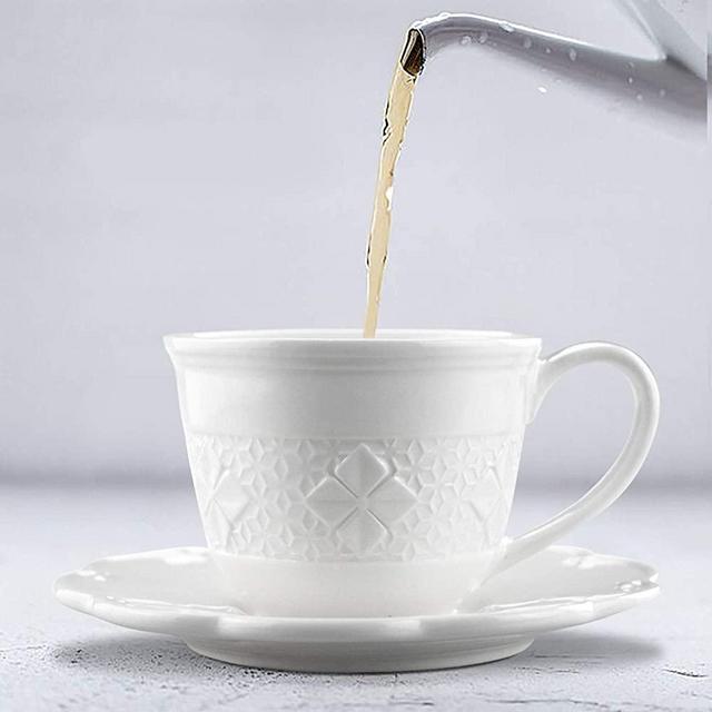 STAR MOON Elegant European Charm Ceramic Drinkware, 6.8Oz Teacup&Saucer Sets, Microwave&Dishwasher Safe, Four-Leaf Clover Collection, Set of 4 (Ivory White)