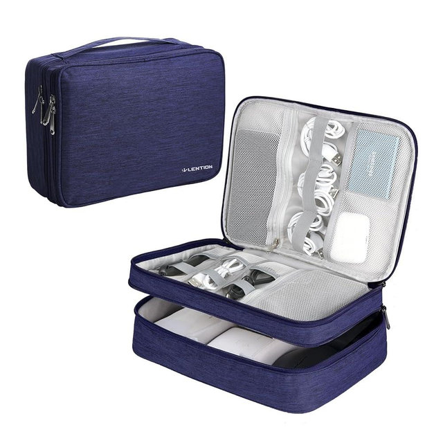 LENTION Cable Organizer Bag Pouch, Travel Electronic Accessories Carry Case Portable Bag Waterproof Double Layers All-in-One Storage Bag Carrying Tech Bag for Cord, Charger, Power Bank, Earphone Blue