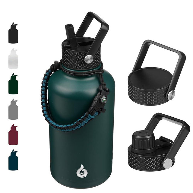 BJPKPK Half Gallon Insulated Water Bottles with Straw Lid, 64oz Large Water Jug, Stainless Steel Bottles with 3 Lids and Paracord Handle, Thermo for Hot & Cold Liquid, Army Green