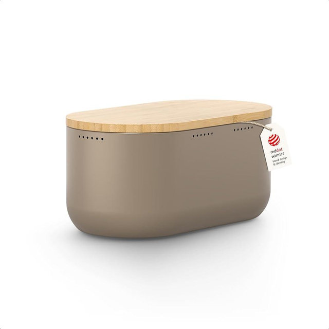 LARS NYSØM Bread Box I Metal bread box for long lasting freshness with non-slip pads I Baked goods Bin with bamboo lid usable as cutting board I 13.6x7.3x6.2in (Taupe Brown)