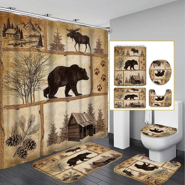 CHAONENG Brown Elk Deer Bear Shower Curtain Set with Toilet Lid Cover and Non-Slip Rugs for Bathroom 4 PCS Shower Curtain Set Don't Show Dirt Set with 12 Hooks Bathroom Decoration