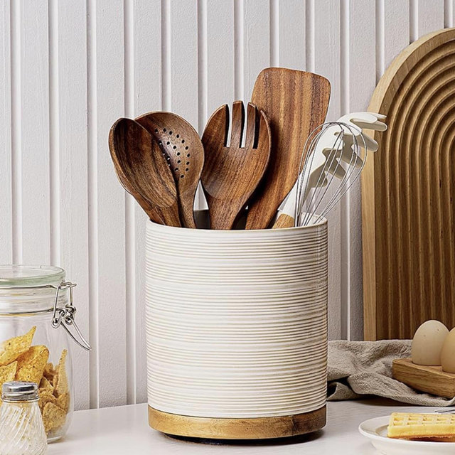 Utensil Holder, 360° Rotating Extra Large Ceramic Kitchen Utensil Holder for Countertop, 7.3“ Cooking Utensil Crocks for Kitchen Counter with Rotatable Wooden Base, Farmhouse Decor, Arctic White