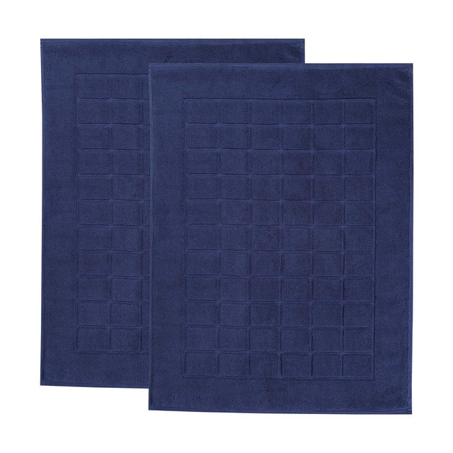 Cotton Solid Absorbent Thick Checkered Grid Washable Bath Mats, Set of 2, Navy Blue - Blue Nile Mills
