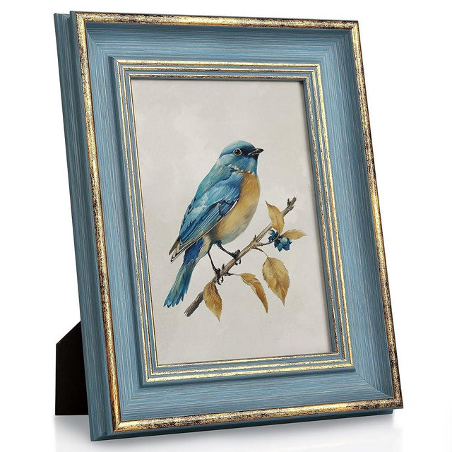 Sapowerntus Vintage 5x7 Picture Frame Gold Line Blue Distressed Photo Frames Set Antique Real Glass Wall Hanging Tabletop Display Home Decor Retro Shabby Chic Unique Gift