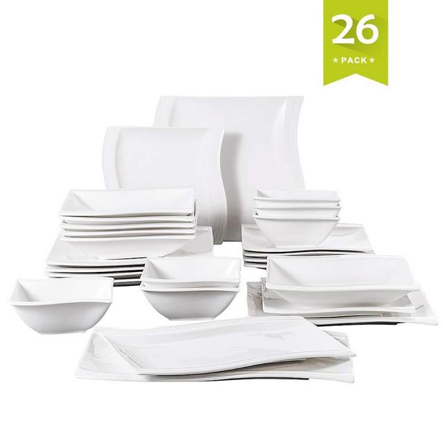 Malacasa, 26-Piece Porcelain Dinnerware Set Ivory White China Ceramic Dinner Set with Cups Saucers Dessert Plates Soup Plates and Dinner Plates Dinnerware Set Service for 6