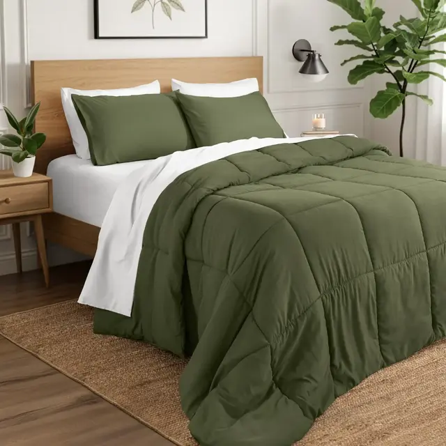 All-Season Easy Care Down Alternative Comforter Set by Ivy Union - Queen, Cypress - Box Stitch