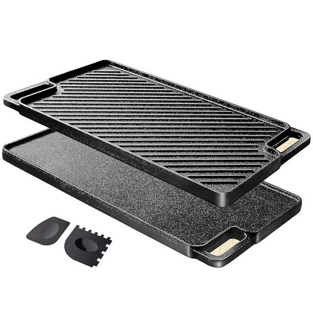 Homics Cast Iron Griddle, 16.7x9.7" Reversible Flat Cast Iron Griddle/Grill Pan for Stove Top and Gas Grills, Scrapers Included