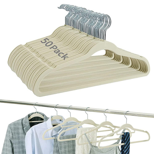 BAGAIL Pack of 50 Ivory Velvet Hangers,Non Slip Notched Coat/Suit Hangers,Heavy Duty Space Saving Clothes Hangers with 360 Degree Swivel Hook (50 Pack Ivory)