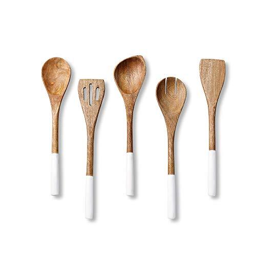 Wooden Cooking Utensils Set for Kitchen, Non Stick Cookware Tools Includes Wooden Spoon for Cooking, Spatula, Fork, Slotted Turner, Corner Spoon, Set of 5-12 Inches Long, Mango Wood, White