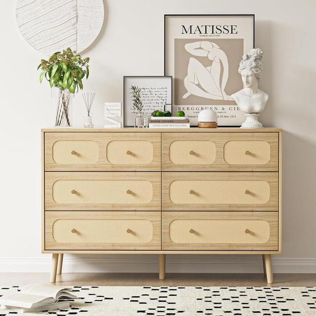 Wananlanen Rattan 6 Drawer Dresser for Bedroom, Wood Boho Double Chest of Drawers with Storage and Gold Handle, Modern Natural Rattan Dresser for Living Room, Hallway, Entryway