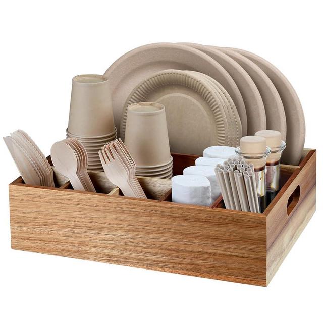 BOTOP Acacia Wood Utensil Holder for Party, Paper Plate Organizer Silverware Caddy with 6 Compartments for Plate, Cup, Fork, Spoon, Cutlery Holder Countertop for Kitchen Camping Buffet