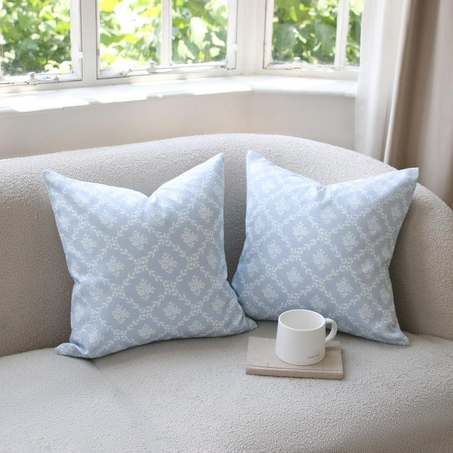 Juto Light Blue Farmhouse Floral Block Print Throw Pillow Covers, 18x18 inch 100% Cotton Grandmillennial Decorative Cushion Covers Home Decor for Bed Living Room, Set of 2
