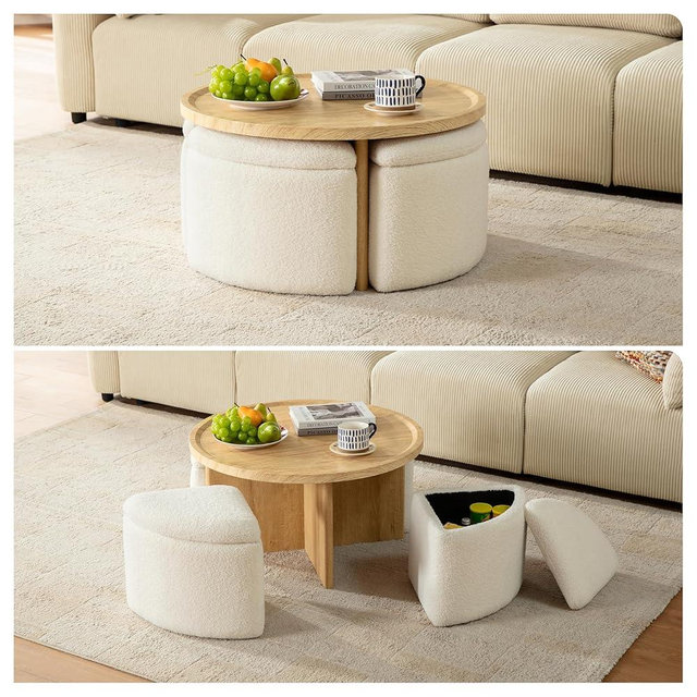 Square Coffee Table with Stools Underneath, Wood Ottoman Coffee Tables with 4 Boucle Storage Ottomans & Seats, Mid-Century Modern Coffee Table with Chairs for Living Room, Small Space, Natural&White