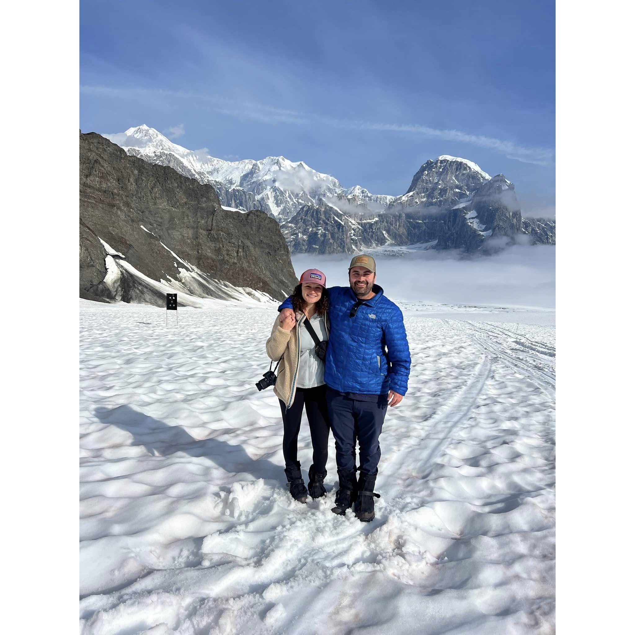 On our trip to Alaska, we took a charter plane to see the beautiful Denali Mountain. Conditions were perfect and we were able to land on a glacier, with at least one mile of ice beneath our feet.