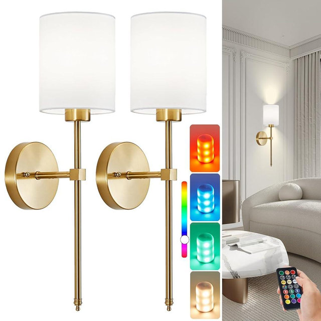 Battery Operated Wall Sconce Set of 2, Brushed Gold Rechargeable Wall Lights with Remote Control and Dimmable LED Bulbs, 13 Light Colors Cordless Wall Lamps for Bedroom Living Room Hallway (Gold)