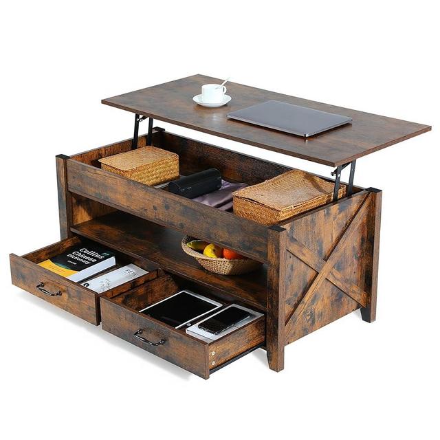 Evajoy Lift Top Coffee Table, Modern Coffee Table with 2 Storage Drawers and Hidden Compartment, X-Shape Wood Support, Center Table with Lift Tabletop for Living Room, Office
