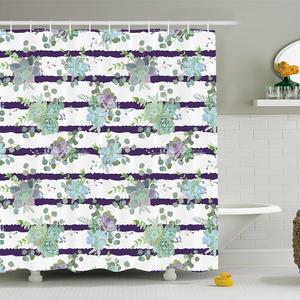 Ambesonne Succulent Shower Curtain by, Natural Cactus Pattern in Modern Funky Style Striped Backdrop, Fabric Bathroom Decor Set with Hooks, 70 Inches, Almond Green Dark Purple White
