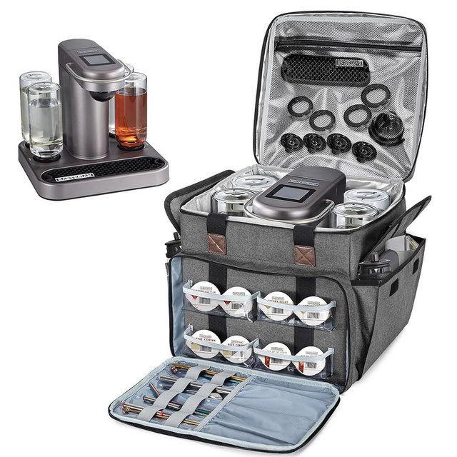 CURMIO Carrying Case Compatible with Bartesian Cocktail Machine, Insulated Cocktail Maker Machine Travel Bag with Pockets for Cocktail Capsules, Menu and Other Accessories, Grey (Patent Design)