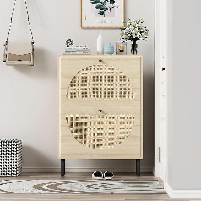 ZeHuoGe Natural Rattan Shoe Cabinet with 2 Flip Drawers, Shoe Shelf Organizer with Circle Rattan Doors, Entryway Narrow Storage Cabinet for Heels, Slippers (Rattan)