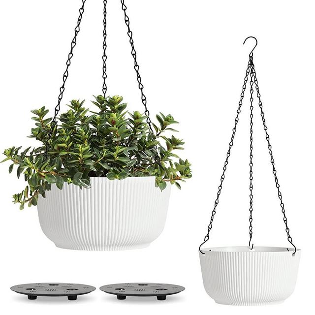 T4U Hanging Planter Self Watering 8 Inch, 2 Pack White Indoor Outdoor Hanging Plant Basket, Hanging Flower Pot with Drainage Hole & Plug & Chain with 3 Hooks for Garden Home Decor