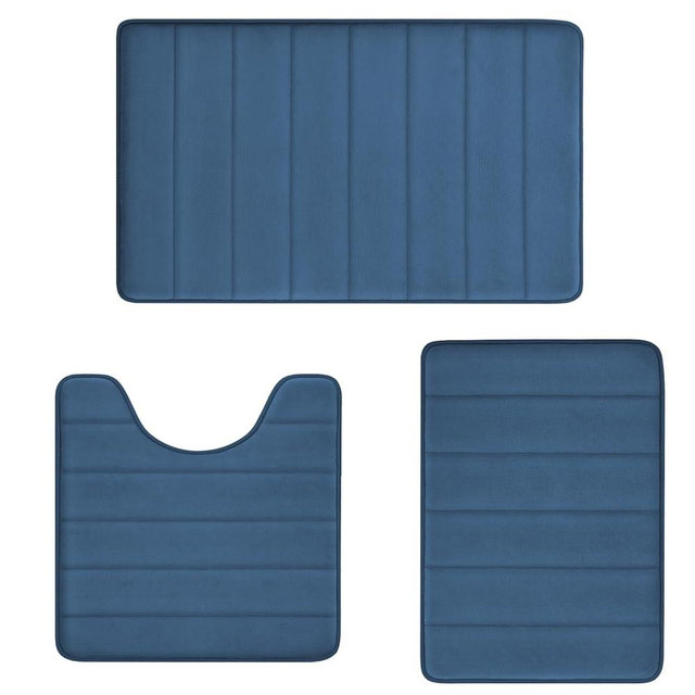 Memory Foam Bath Rug Set 3 Piece Non-Slip Mats,Absorbent Shaggy Super Soft U-Shaped Toilet Rug,Bathroom Carpets for Tub,Shower,Blue