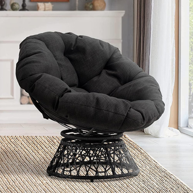 Bme Ergonomic Wicker Papasan Chair Soft Thick Density Fabric Cushion and High Capacity Steel Frame with 360 Degree Swivel for Livingroom, Bedroom, Reading Room, Leisure Lounge, Onyx Stone (Black)