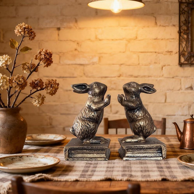 ifreeside 2 PCS Antique Gold Bunny Book Ends Rabbit Decorative Bookend Set Cast Iron Vintage Heavy Duty Book Ends for Shelves for Home(Face to Face Rabbit)
