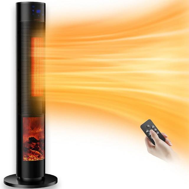 Portable Electric Space Heater for Large Room 36" Ceramic Tower Space Heater with 3D Flame for Room Heating,Oscillating,Remote Control,Tipover &overheating protection for Indoor Outdoor Use (Black-II)