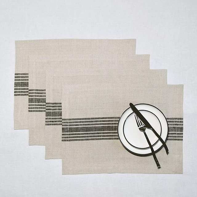 Solino Home Farmhouse Stripe Placemats  – 14 x 19 Inch, Set of 4 – 100% Natural Fabric, Handcrafted with Mitered Corners – Black