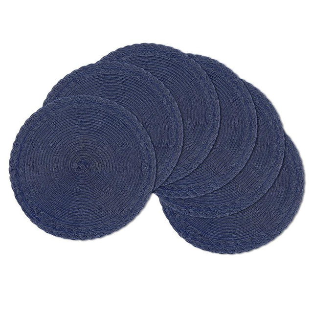 SHACOS Round Placemats Set of 6 Braided Border Fabric Woven Table Mats Washable 15 inch Circle Place Mats for Dining Table, Navy Blue