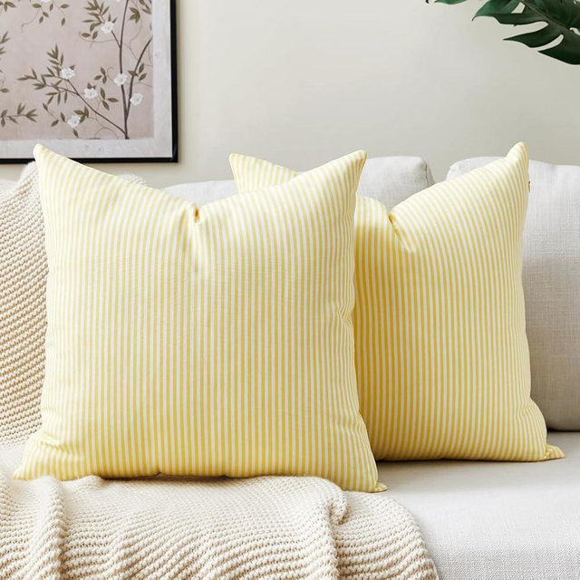 Yellow Striped Summer Outdoor Throw Pillow Covers 18x18 Set of 2, 18 x 18 Yellow and White Outdoor Throw Pillows, Modern Farmhouse Boho Decor Pillow Covers for Porch Patio (No Pillow Inserts)