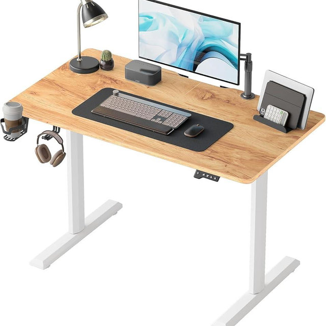 FEZIBO Height Adjustable Electric Standing Desk, 44 x 24 Inches Stand up Table, Sit Stand Home Office Desk with Splice Board, Light Rustic Brown