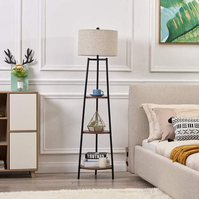 ROSEN GARDEN Floor Lamp, Standing Reading Light with Shelves and Fabric Shade, Modern Tall Pole Lamp, Accent Furniture Décor Lighting for Living Room, Bedrooms