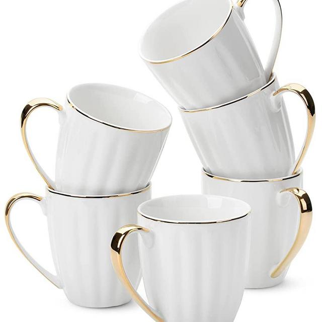 BTaT- White Coffee Mugs, Set of 6, 12oz, White Porcelain with Gold Trim Coffee Mug Set, Hot Chocolate Mugs, Ceramic Mugs, Large Mugs for Coffee, Set of Mugs, Hot Cocoa Mugs, Coffee Mug Ceramic Set