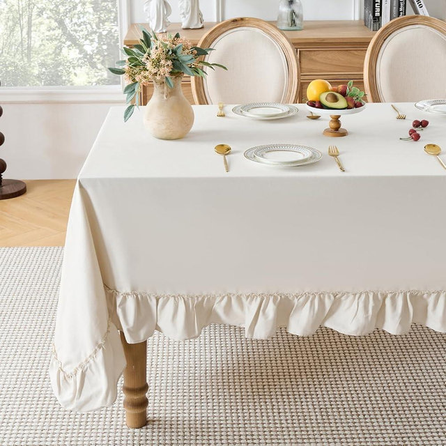 Simple&Opulence 100% Cotton Ruffled Tablecloth Retro Farmhouse Washable Textured Solid Rectangular/Circular Table Cover for Dining/Party/Buffet/Wedding,Linen,52x70 Inch