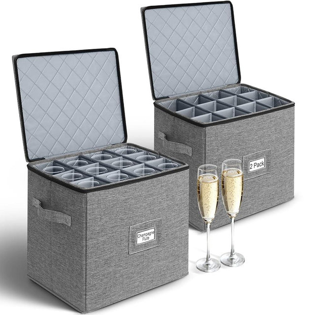 punemi Champagne Flute Storage Container, 2 Pack Wine Glass Storage Box w/Hard-Shell Top, Bottom & Sides, Dividers, Stackable Glassware Storage Container for Champagne, White Wine & Stemware