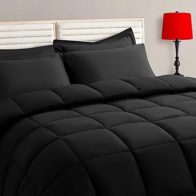 TAIMIT Black King Size Comforter Set - 7 Pieces, Bed in a Bag Bedding Sets with All Season Soft Quilted Warm Fluffy Reversible Comforter,Flat Sheet,Fitted Sheet,2 Pillow Shams,2 Pillowcases