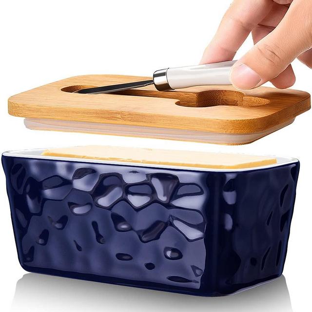 Large Butter Dish Porcelain Butter Dish with Lid and Knife for Countertop Double Silicone Seal Butter Dishes with Covers Perfect for West or East Coast Butter, Unique Stone Pattern Blue