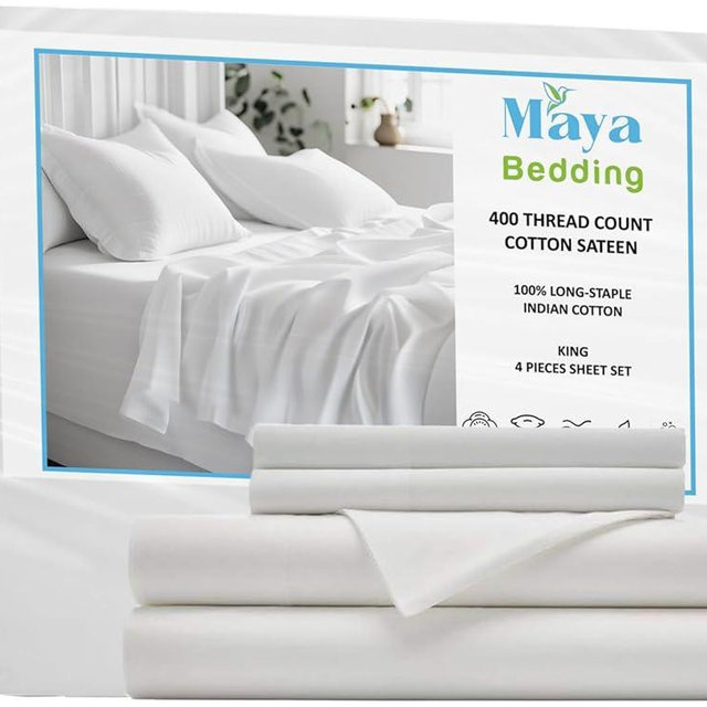 Maya Bedding King 100% Cotton Bedsheet Set (4Pcs) - Bright White - 400 Thread Count Sateen Weave, Snug Bottom Deep Pocket Fitted Sheet, Fade Resistant & Envelope Closure Pillowcases