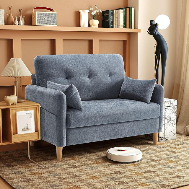 Urhanherry 47" Small Sofa Couch for Bedroom, Soft Chenille loveseat Mini Couch with Throw Pillow and Removable Cushion Cover for Small Spaces, Living Room, Apartment, Dorm, Office(Blue Grey)