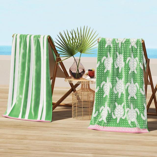 Great Bay Home 100% Cotton Beach Towels | 2 Pack of 30 x 60" Navy Pool Towels for Adults and Kids | Absorbent & Quick Dry Towels (Green/White Turtles/Stripe)